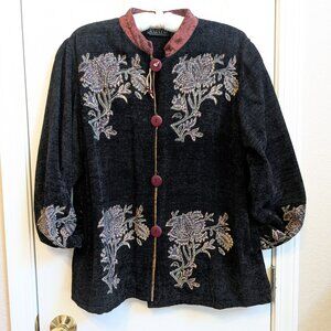 Women's Vintage Black Chenille ART to WEAR Floral Jacket Coat Boho Cardigan